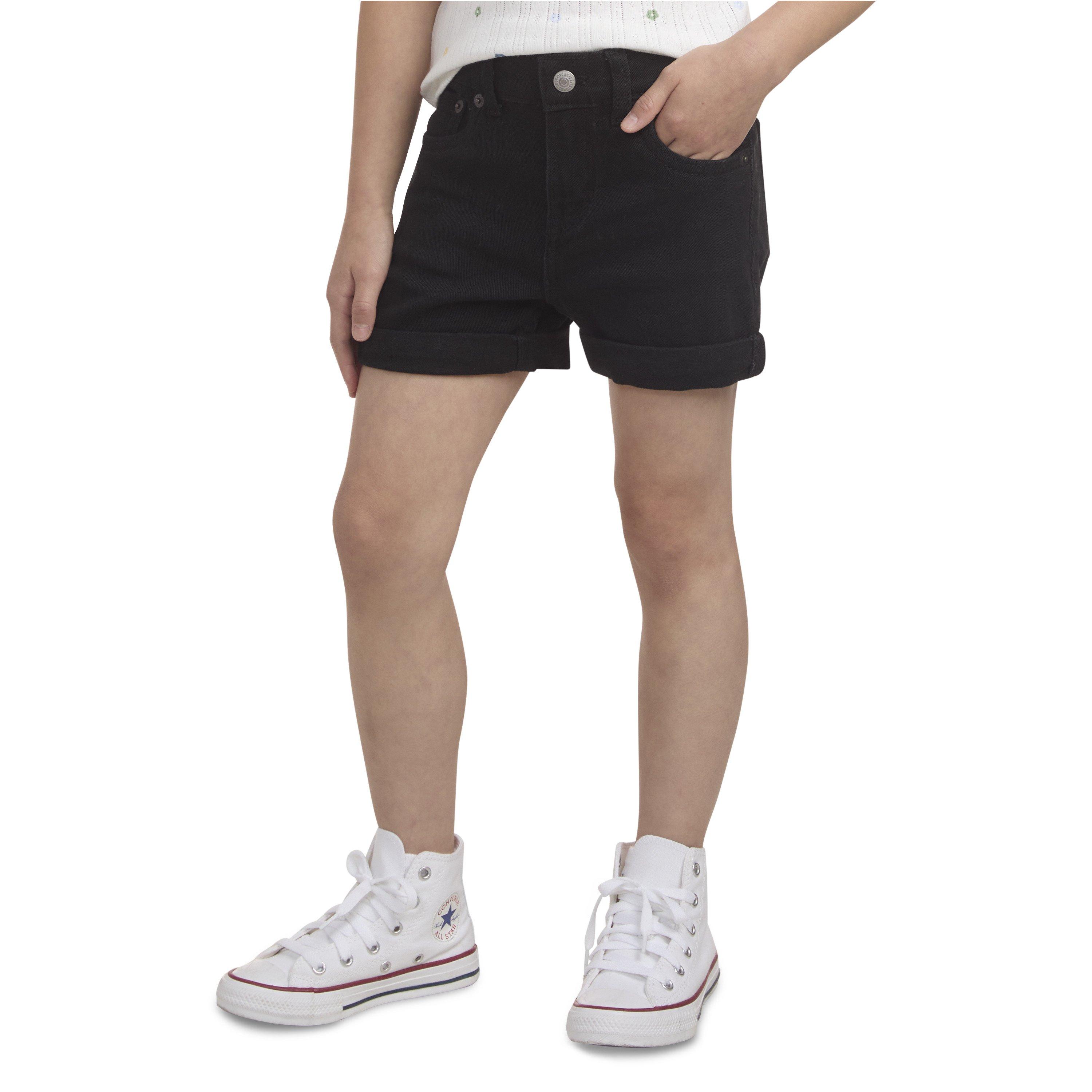 Levi's Little Girls' Girlfriend Fit Roll-Up Black Wash Denim Shorty Shorts - BLACK